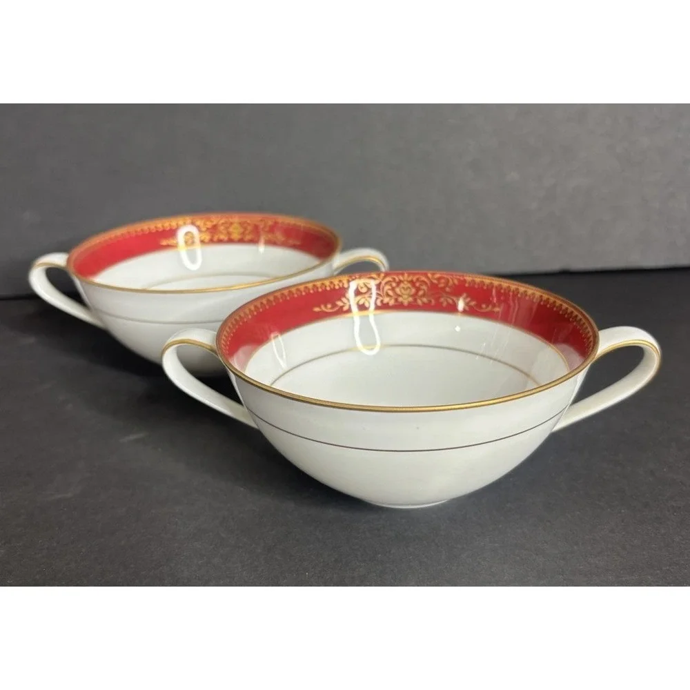 2 Noritake Goldmere Cream Soup Bowls Gold Red Double Handled Vintage 6525 MCM